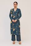 Ruchi Marodia_Blue Bamboo, Cotton, Organza Tassels V-neck Krishna Kamal Print Kurta Set _at_Aza_Fashions