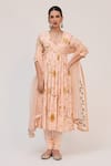 Buy_Ruchi Marodia_Peach Bamboo, Cotton, Organza Embroidery V-neck Krishna Kamal Print Anarkali Set _at_Aza_Fashions
