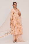 Ruchi Marodia_Peach Bamboo, Cotton, Organza Embroidery V-neck Krishna Kamal Print Anarkali Set _Online_at_Aza_Fashions