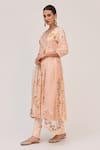 Buy_Ruchi Marodia_Peach Bamboo, Cotton, Organza Embroidery V-neck Krishna Kamal Print Anarkali Set _Online_at_Aza_Fashions