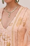 Shop_Ruchi Marodia_Peach Bamboo, Cotton, Organza Embroidery V-neck Krishna Kamal Print Anarkali Set _Online_at_Aza_Fashions