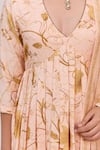 Ruchi Marodia_Peach Bamboo, Cotton, Organza Embroidery V-neck Krishna Kamal Print Anarkali Set _at_Aza_Fashions