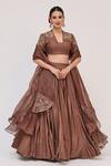 Buy_Ruchi Marodia_Brown Bamboo, Cotton, Organza Zari, Embroidery, Lotus Bloom Lehenga Set _at_Aza_Fashions