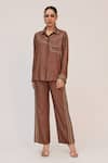 Buy_Ruchi Marodia_Brown Bamboo, Cotton Embroidery, Metallic Tree Trunk Shirt And Straight Pant Set _at_Aza_Fashions
