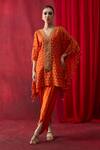 Buy_Shikha Mehta_Orange Chanderi , Satin Embroidery, Vama Pronted Kurta And Pant Set _at_Aza_Fashions