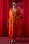 Buy_Shikha Mehta_Orange Chanderi Silk, Cotton Satin Embroidery, Sequins, Kimika Kaftan Set _at_Aza_Fashions