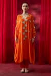 Shikha Mehta_Orange Chanderi Silk, Cotton Satin Embroidery, Sequins, Kimika Kaftan Set _Online_at_Aza_Fashions