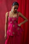 Shikha Mehta_Pink Silk Satin Embroidery, Sequins, Beads Rosie Peplum Top With Skirt _at_Aza_Fashions