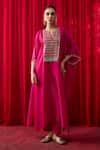 Buy_Shikha Mehta_Pink Sequins, Pearls, Tassels V-neck Noshini Embroidered Kaftan Set _at_Aza_Fashions