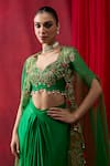 Shikha Mehta_Green Chanderi , Satin Pearls, Beads, Embroidery Zuma Cape Skirt Set _Online_at_Aza_Fashions