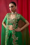 Buy_Shikha Mehta_Green Chanderi , Satin Pearls, Beads, Embroidery Zuma Cape Skirt Set _Online_at_Aza_Fashions