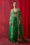 Shop_Shikha Mehta_Green Chanderi , Satin Pearls, Beads, Embroidery Zuma Cape Skirt Set _Online_at_Aza_Fashions