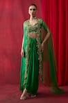 Buy_Shikha Mehta_Green Chanderi , Satin Pearls, Beads, Embroidery Zuma Cape Skirt Set _at_Aza_Fashions