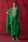 Buy_Shikha Mehta_Green Silk Satin Split V-neck Grisha Embroidered Cape Top With Skirt _at_Aza_Fashions