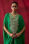 Buy_Shikha Mehta_Green Silk Satin Split V-neck Grisha Embroidered Cape Top With Skirt _Online_at_Aza_Fashions