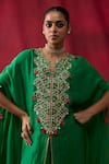 Shop_Shikha Mehta_Green Silk Satin Split V-neck Grisha Embroidered Cape Top With Skirt _Online_at_Aza_Fashions