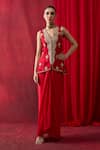 Buy_Shikha Mehta_Red Chanderi , Satin Embroidery, Beads V-neck Farah Jacket With Skirt _at_Aza_Fashions