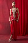 Shikha Mehta_Red Chanderi , Satin Embroidery, Beads V-neck Farah Jacket With Skirt _Online_at_Aza_Fashions