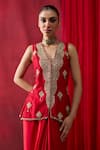Buy_Shikha Mehta_Red Chanderi , Satin Embroidery, Beads V-neck Farah Jacket With Skirt _Online_at_Aza_Fashions