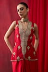 Shop_Shikha Mehta_Red Chanderi , Satin Embroidery, Beads V-neck Farah Jacket With Skirt _Online_at_Aza_Fashions