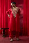 Shop_Shikha Mehta_Red , Chanderi, Organza Embroidery, Sequins, Zari Kiara Kurta Set _at_Aza_Fashions