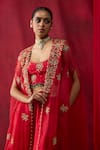 Shikha Mehta_Red Chanderi Silk Embroidery, Sequins Open , Round Mishka Cape Set _Online_at_Aza_Fashions