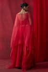 Shop_Shikha Mehta_Red Chanderi Silk Embroidery, Sequins Open , Round Mishka Cape Set _at_Aza_Fashions