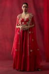 Shop_Shikha Mehta_Red Chanderi Silk Embroidery, Sequins Open , Round Mishka Cape Set _Online_at_Aza_Fashions