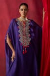 Buy_Shikha Mehta_Purple Chanderi Silk Embroidery, Sequins, Tassels Split V-neck Mahi Kaftan Set _Online_at_Aza_Fashions