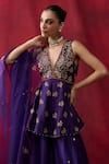Shop_Shikha Mehta_Purple Chanderi , Organza Embroidery, Jasleen Peplum Kurta Sharara Set _Online_at_Aza_Fashions