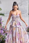 Mahima Mahajan_Lilac Silk Organza Sequins, Beads, Aira Floral Printed Peplum Corset Lehenga Set _Online_at_Aza_Fashions