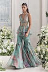Shop_Mahima Mahajan_Green Silk Organza Sequins, Embroidery Hawa Printed Peplum Corset Sharara Set _Online_at_Aza_Fashions