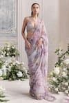 Buy_Mahima Mahajan_Lilac Silk Organza Sequins, Lina Floral Print Pre-draped Saree And Blouse Set _at_Aza_Fashions
