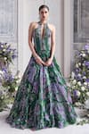 Buy_Mahima Mahajan_Green Silk Organza Sequins, Embroidery Halter Neck, Zuha Printed Lehenga Set  