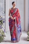 Mahima Mahajan_Red Silk Organza Sequins, Beads, Embroidery, Farisha Corset And Printed Saree Set _at_Aza_Fashions