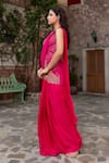 Nidhi Kejriwal_Magenta Silk, Georgette Sequins, Zari, Floral Jacket And Pre-draped Saree Set _Online_at_Aza_Fashions