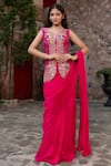 Buy_Nidhi Kejriwal_Magenta Silk, Georgette Sequins, Zari, Floral Jacket And Pre-draped Saree Set _at_Aza_Fashions