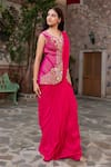 Buy_Nidhi Kejriwal_Magenta Silk, Georgette Sequins, Zari, Floral Jacket And Pre-draped Saree Set _Online_at_Aza_Fashions