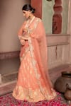 Shop_Nidhi Kejriwal_Peach Doriya, Organza Zari, Sequins, Peacock Hand Lehenga Saree And Blouse Set _Online_at_Aza_Fashions