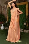 Buy_Nidhi Kejriwal_Peach Georgette Pearls, Beads, Sequins Embroidered Pre-draped Saree With Blouse _Online_at_Aza_Fashions
