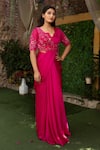 Buy Nidhi Kejriwal Magenta Satin, Georgette Embroidery, Sequins Pre-draped Saree And Blouse Set Online at Aza Fashions Buy_Nidhi Kejriwal_Magenta Satin, Georgette Embroidery, Sequins Pre-draped Saree And Blouse Set _Online_at_Aza_Fashions