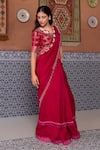 Nidhi Kejriwal_Wine Georgette, Silk Sequins, Beads, Embroidery V-neck, Saree With Blouse _at_Aza_Fashions