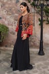 Shop_Nidhi Kejriwal_Black Doriya, Silk Embroidery, Patchwork Round Neck Jacket Skirt Set _Online_at_Aza_Fashions
