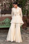 Buy_Nidhi Kejriwal_Off White Chanderi, Organza Embroidery, Sequins Wired Design Flared Coat Set _at_Aza_Fashions