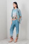 RANNA GILL_Teal Jersey Embroidery Collared, Racerback, Round Elle Printed Jacket With Top_Online_at_Aza_Fashions