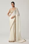 Buy_Vvani By Vani Vats_Off White Satin, Georgette Mirrors Sweetheart Neck Saree With Work Blouse _at_Aza_Fashions