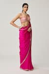 Vvani By Vani Vats Fuchsia Satin, Georgette Mirrors, Gota Patti, Bordered Saree With Blouse at Aza Fashions Vvani By Vani Vats_Fuchsia Satin, Georgette Mirrors, Gota Patti, Bordered Saree With Blouse _at_Aza_Fashions