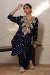 Buy_Sheeshakari_Blue Silk Mirrors, Beads, Embroidery, Zari V-neck Paisley Work Kurta Salwar Set _Online_at_Aza_Fashions