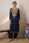 Shop_Sheeshakari_Blue Silk Mirrors, Beads, Embroidery, Zari V-neck Paisley Work Kurta Salwar Set 