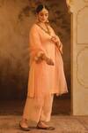 AFRIYA_Peach Organza, Chanderi Embroidery, Sequins, Zardozi And Dori Kurta Set _at_Aza_Fashions
